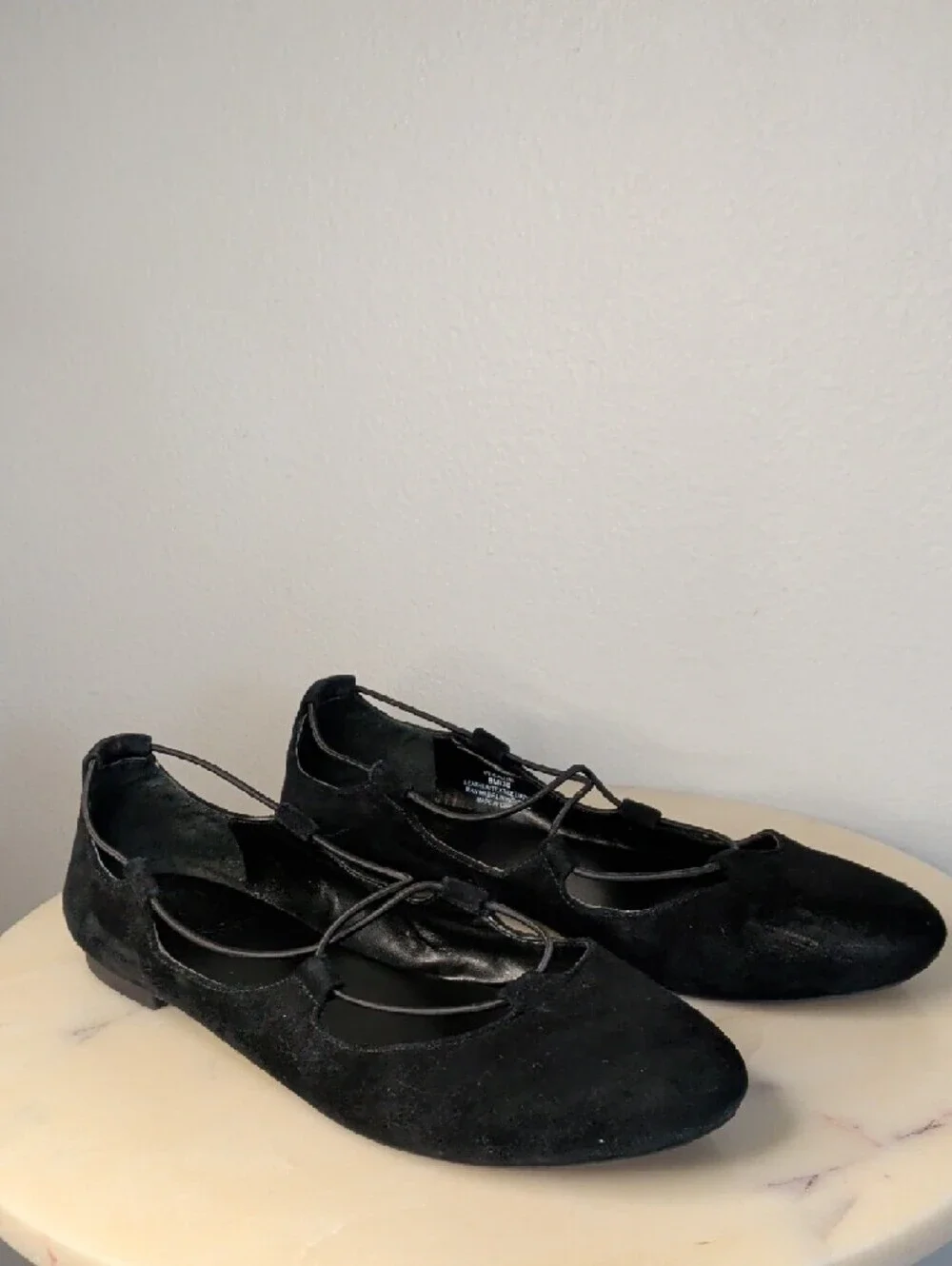 Ballet Flats - Black Suede - Stretchy No-Tie Lace Ups